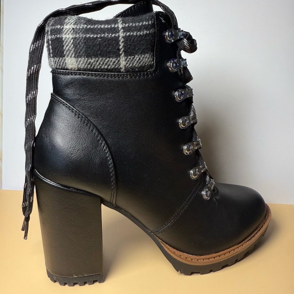 Sun + Stone Black Faux Leather Lace-Up Ankle Combat Boots with Plaid Cuff - Picture 6 of 7